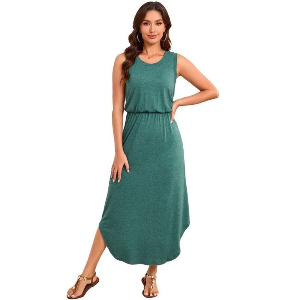 KOJOOIN Women's Sleeveless Fit-and-Flare Midi Dress Round Neck Elastic Wais